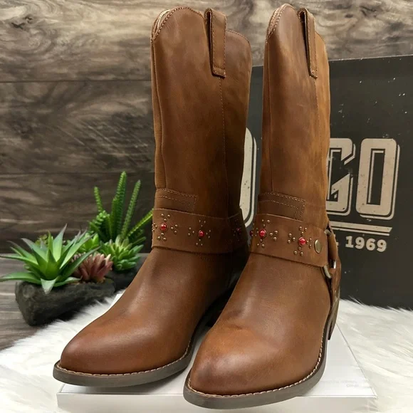 NIB Dingo Dan Post Madre Western Boots Harness Studs Cognac Leather - Picture 3 of 14